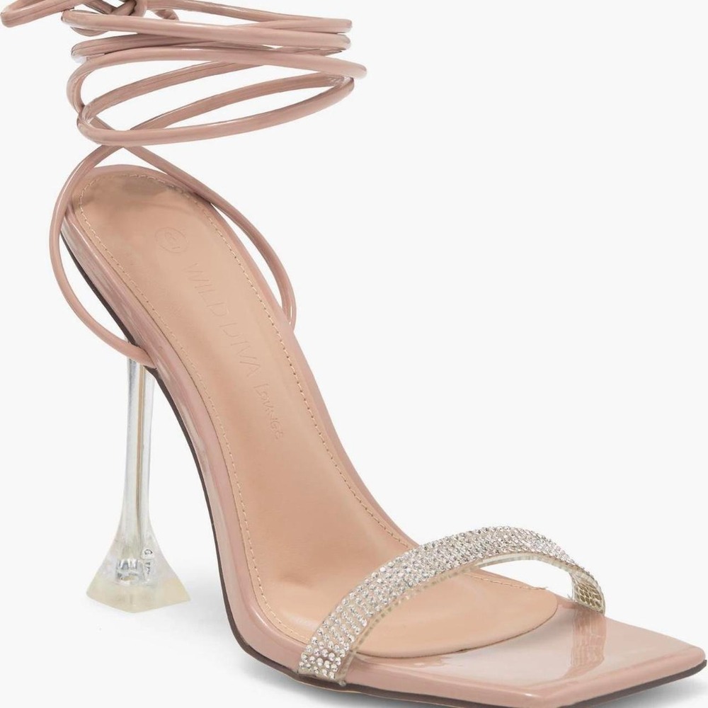 Wild Diva Lounge Tan Embellished Wrap Around Crystal 4" Heel Sandals Size 8.5